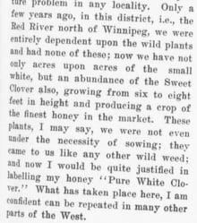 A column of printed text from a 1912 journal page ending with the words labelling my honey Pure White Clover.