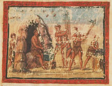 A faded late-antique painting in a red frame showing men working at a forge and a seated figure watching, with small bees in the sky.