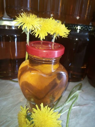 A traditional jar of med od maslačka, as found in markets across the Balkans.