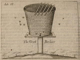 An old engraving of a tapering woven basket hive on a post, with wooden bars across its open top and bees flying round it.