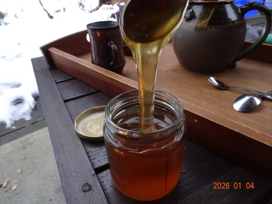 An unbroken ribbon of honey running off a spoon into an open jar on an outdoor table, with snow on the ground behind.