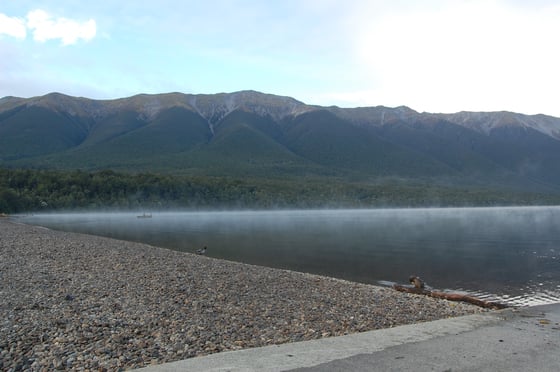 Mist lying on a calm lake below a range of forested mountains, seen from a gravel beach with ducks at the water's edge.