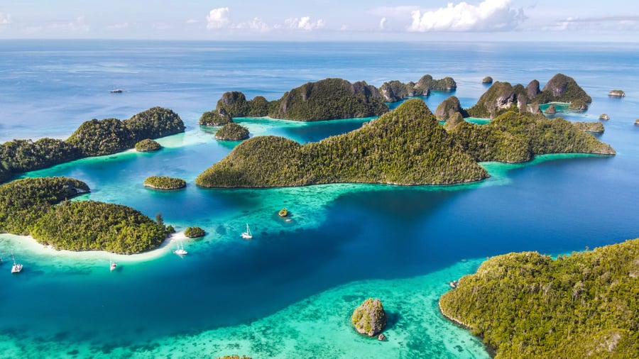 Small green tree covered islands in a blue sea
