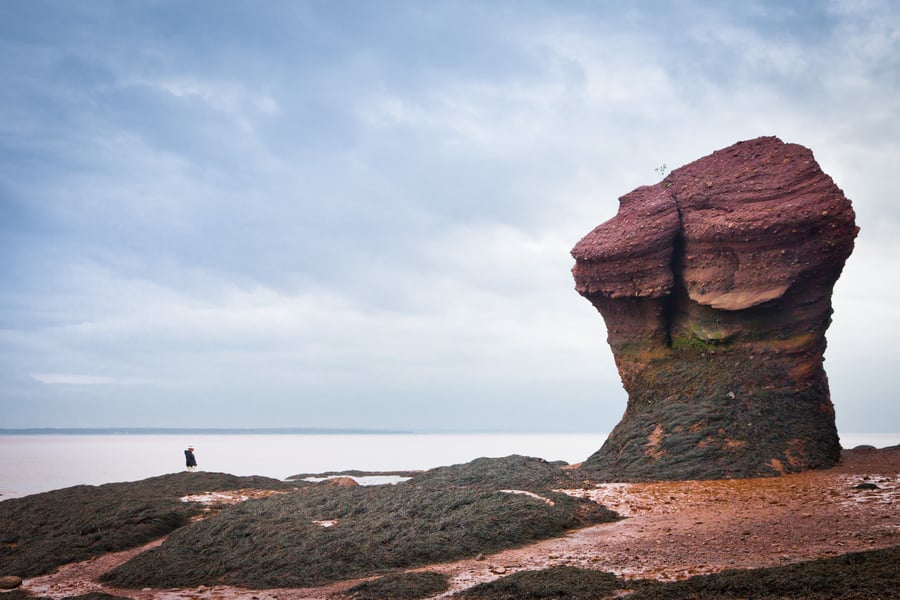 A tall red sandstone sea stack standing on wet seabed at low tide, one person walking below it, grey sky
